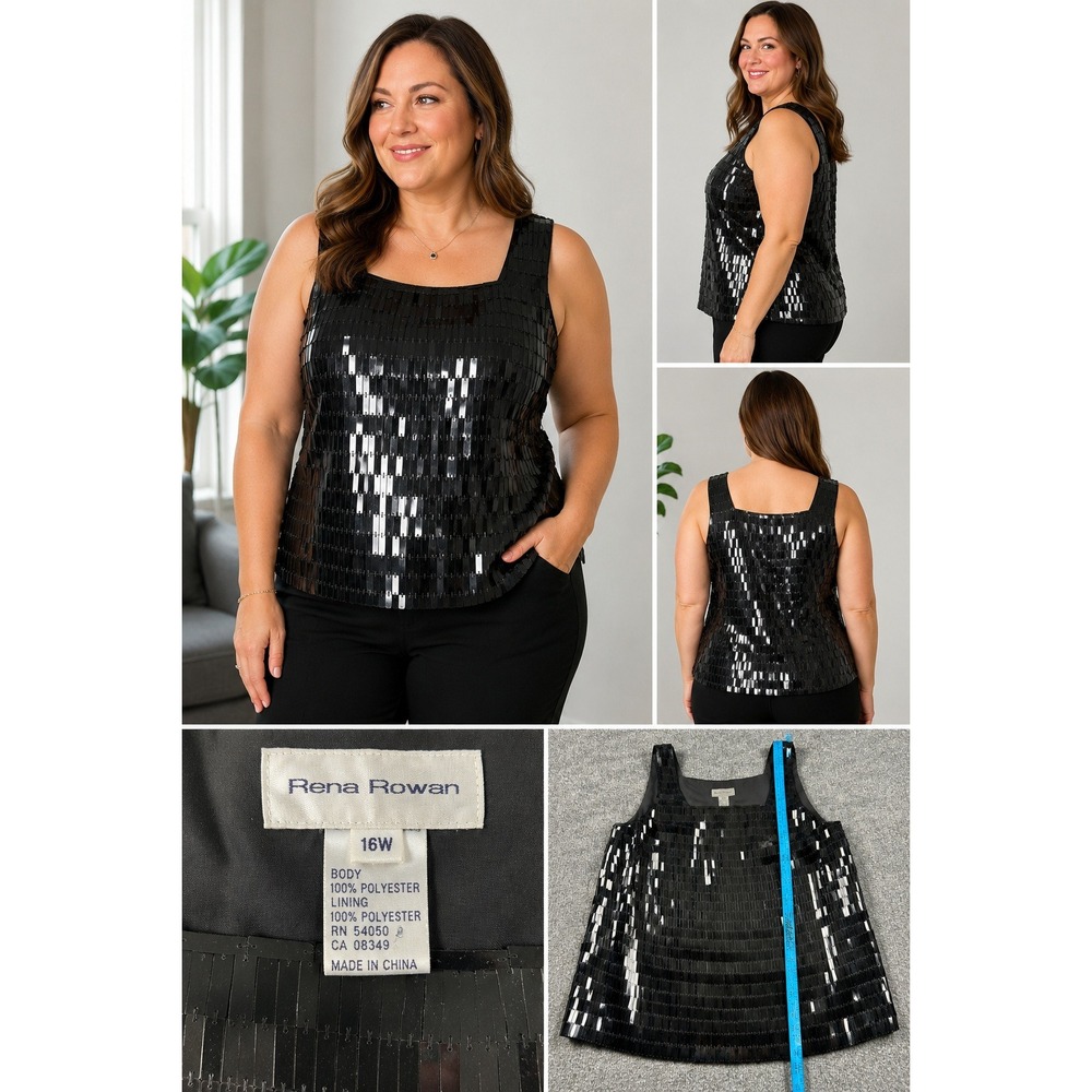 Rena Rowan Black Sequin Tank Top Square Neck Sleeveless Paillette Party 16W